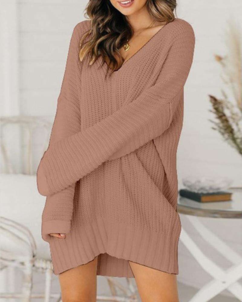 

Long Sleeve Solid Knit Casual Dress, Brown
