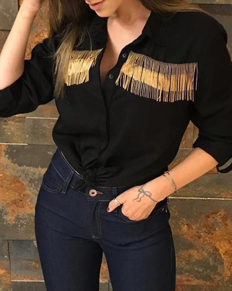 

Long Sleeve Tassel Design Shirt, Black