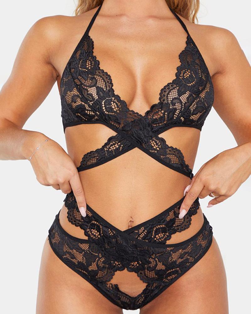 

Halterneck Criss-cross Mesh lace Bra Set, Black