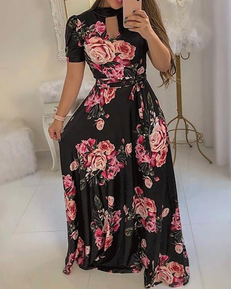 

Floral Print Short Sleeve Maxi Dress, Black