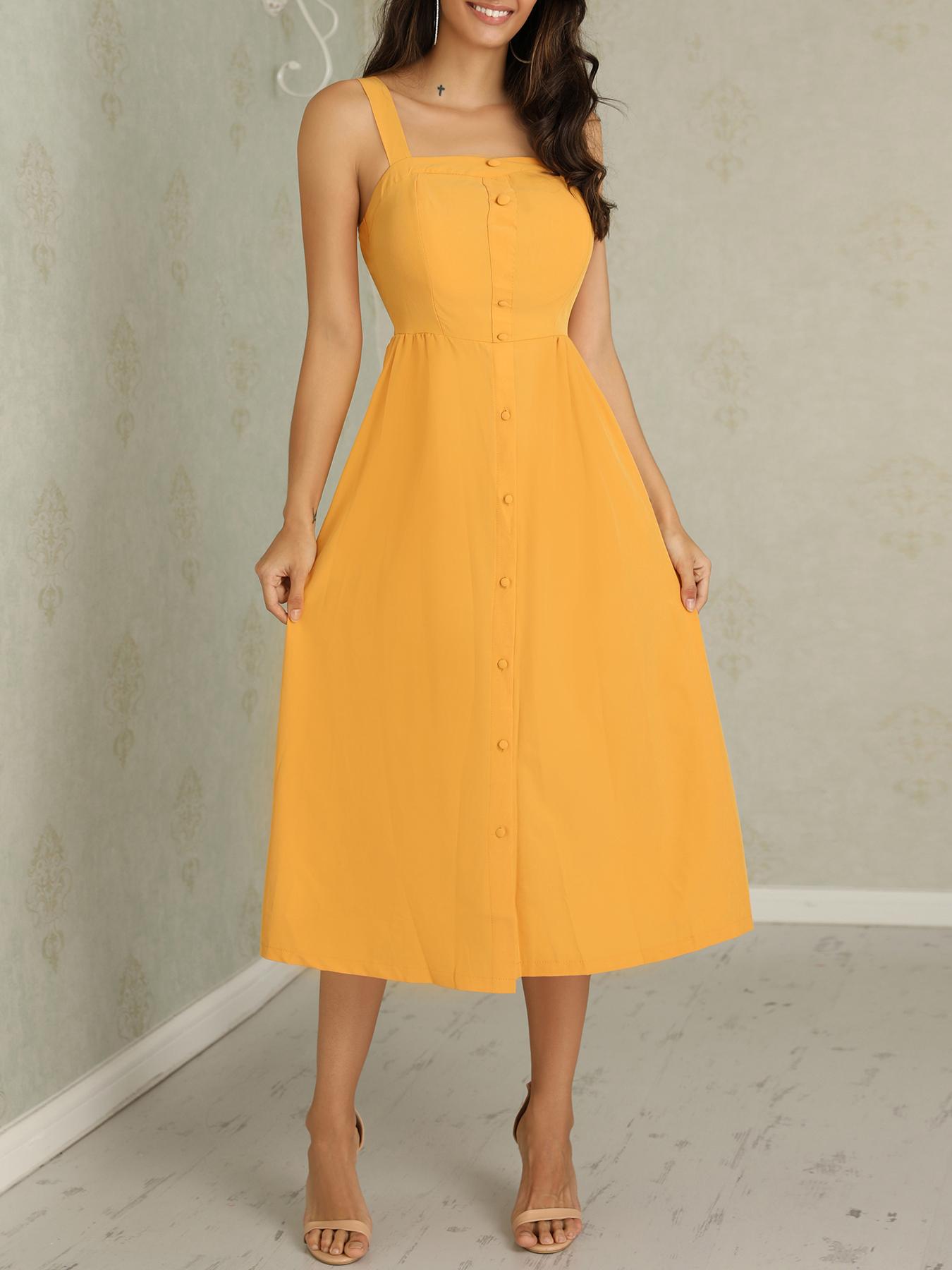 

Solid Button Design Thick Strap Casual Dress, Yellow