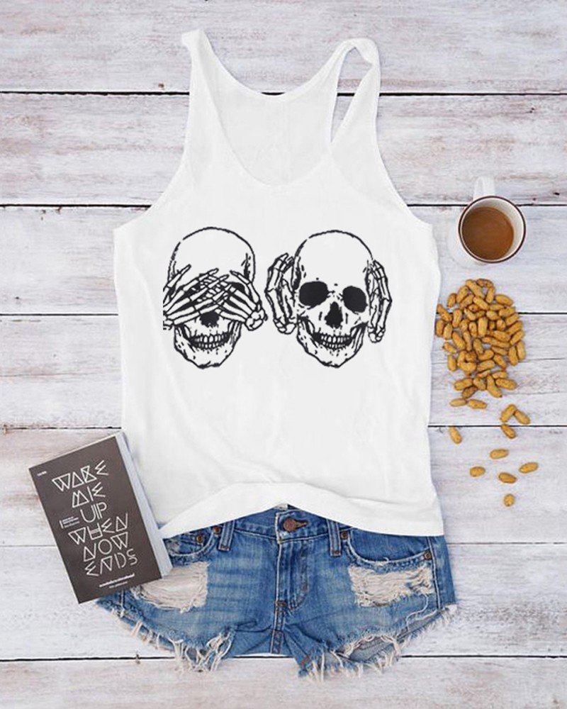 

Casual Print Skull White Tank Top