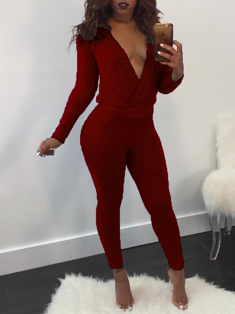 

Deep V Open Back Slinky Jumpsuit, Red