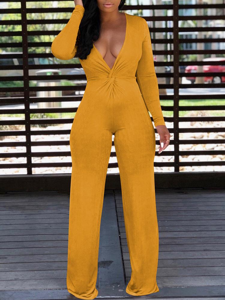 

Solid Plunge Twist Front Wide Leg Jumpsuit, Yellow