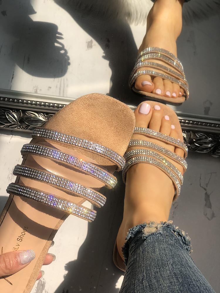 

Shiny Multi-Strap Flat Sandals, Apricot