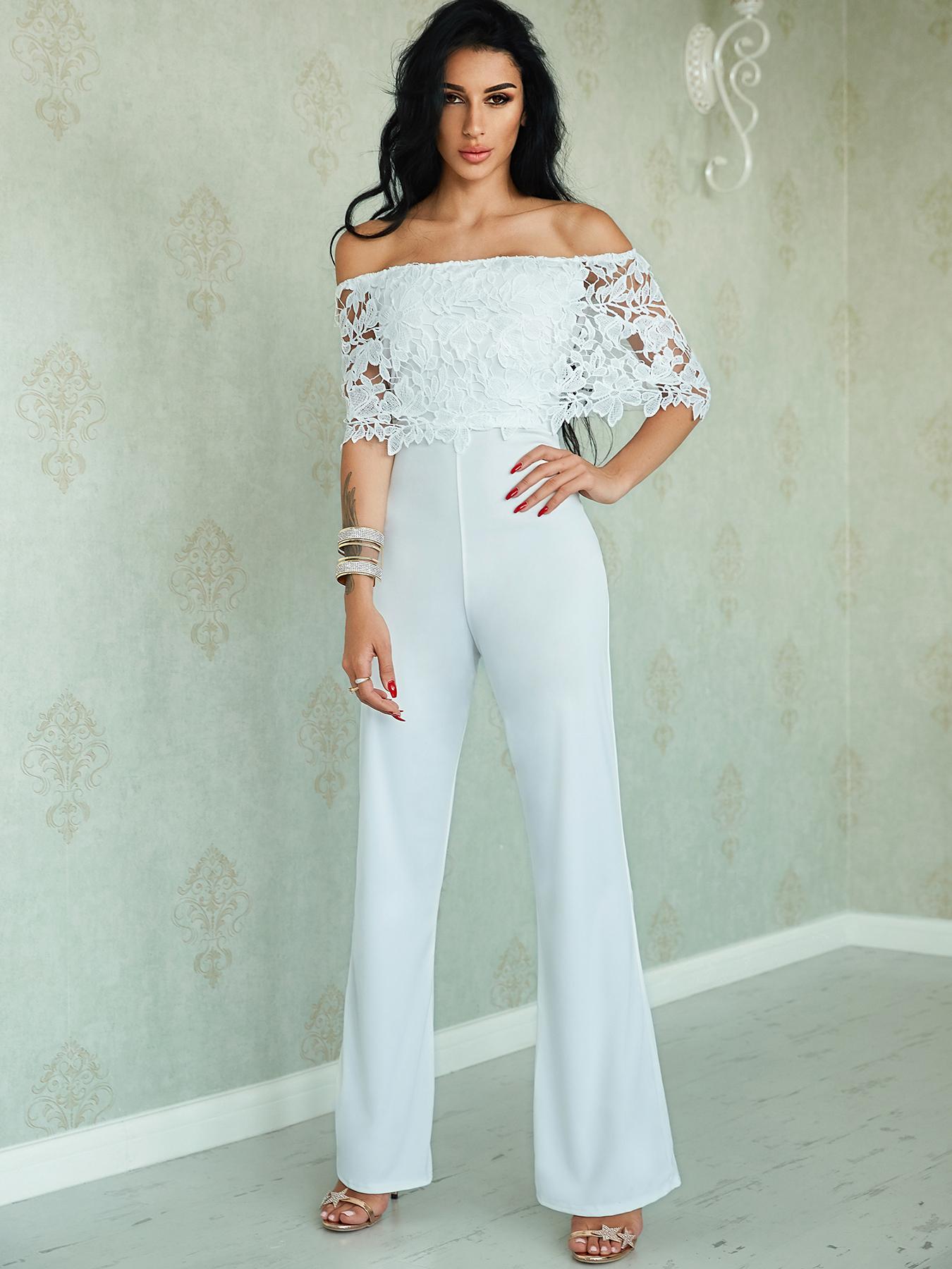 

Sexy Lace Ruffled Off Shoulder Slinky Wide Leg Jumpsuit