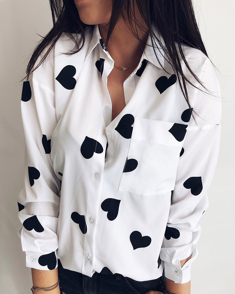 

Heart Print Long Sleeve Casual Blouse, Black