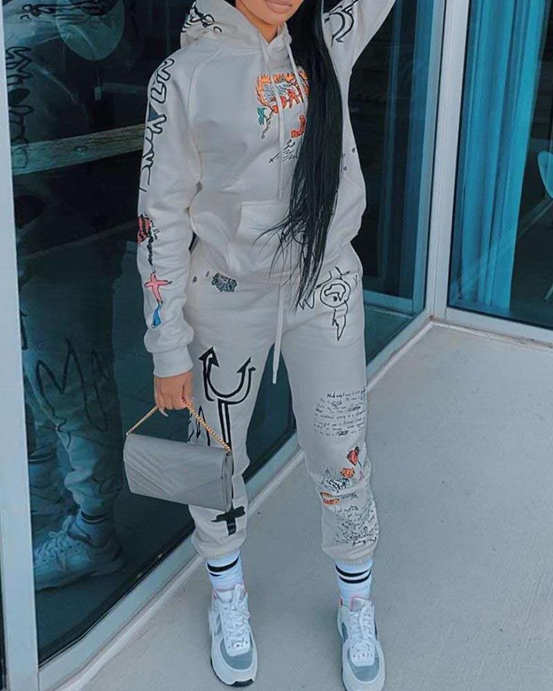 

Cartoon Letter Print Hooded Top & Drawstring Pants Set, Gray