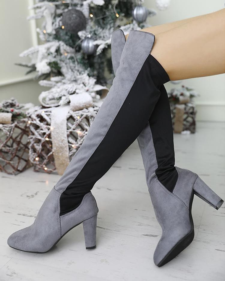 

Velvet Colorblock Over Knee Chunky Heel Boots