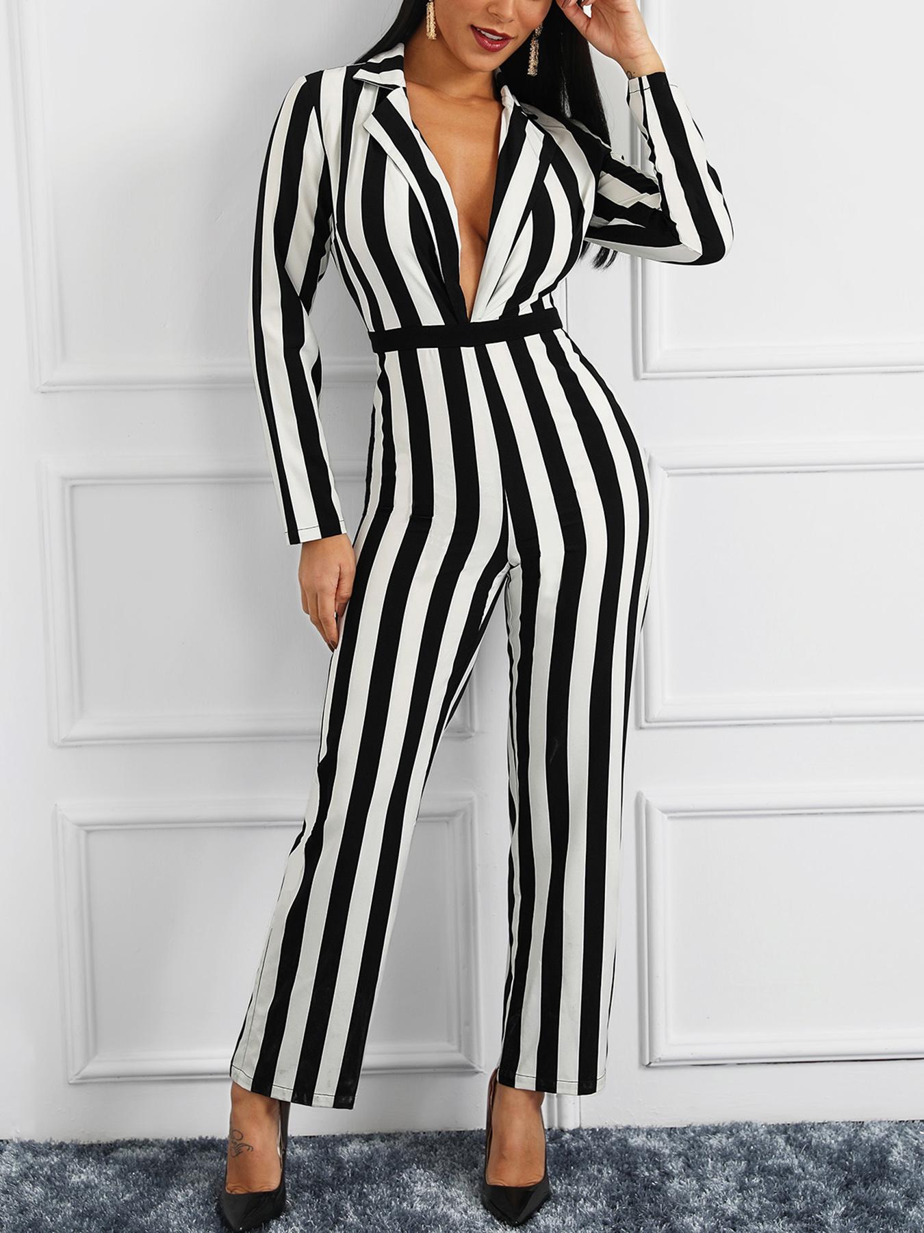 

Contrast Stripes Plunge Wide Leg Jumpsuit, Black