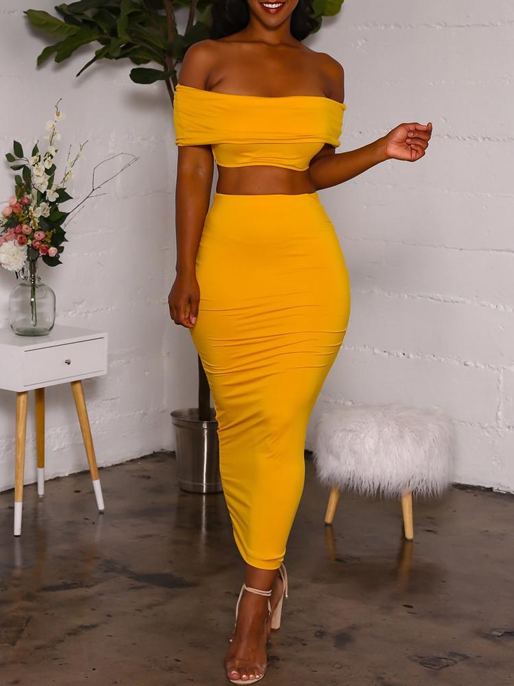 

Solid Off Shoulder Top With Slinky Skirt Sets, Yellow