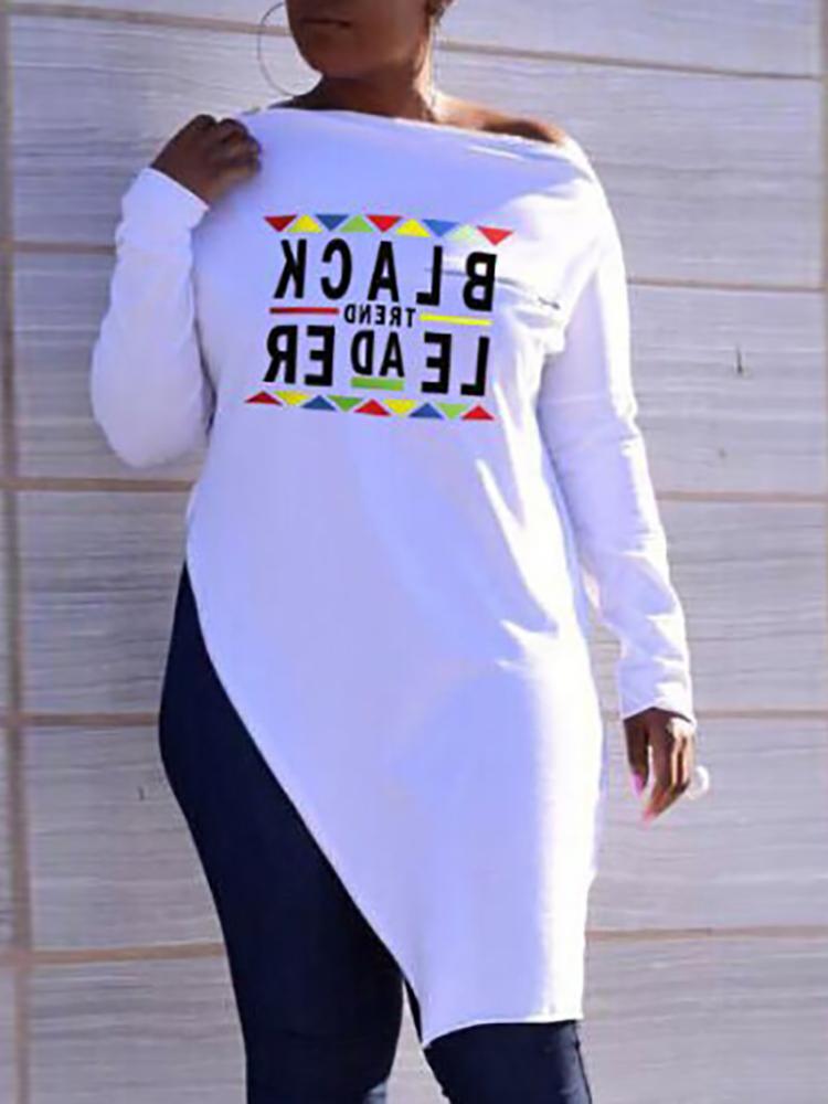 

Letter Print Skew Neck Slit Side T-Shirt