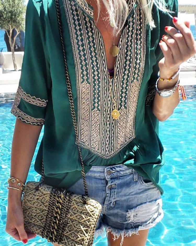 

Ethnic Print Splicing V-Neck Casual Blouse, Green