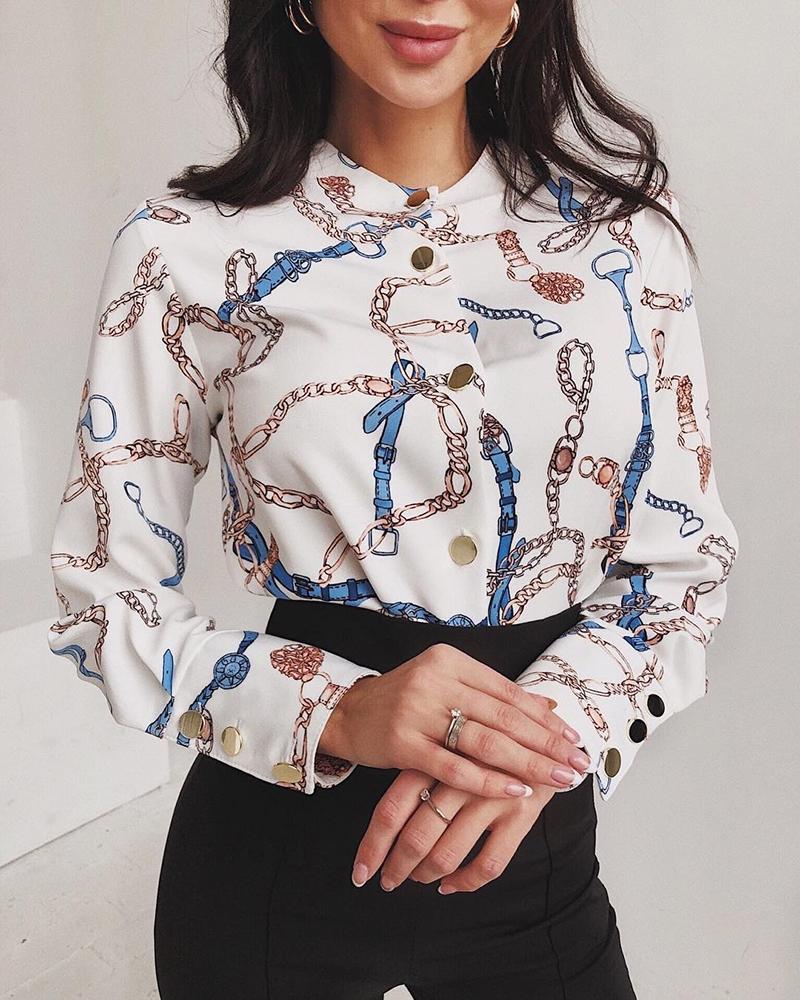 

Long Sleeve Chain Print Casual Shirt, White