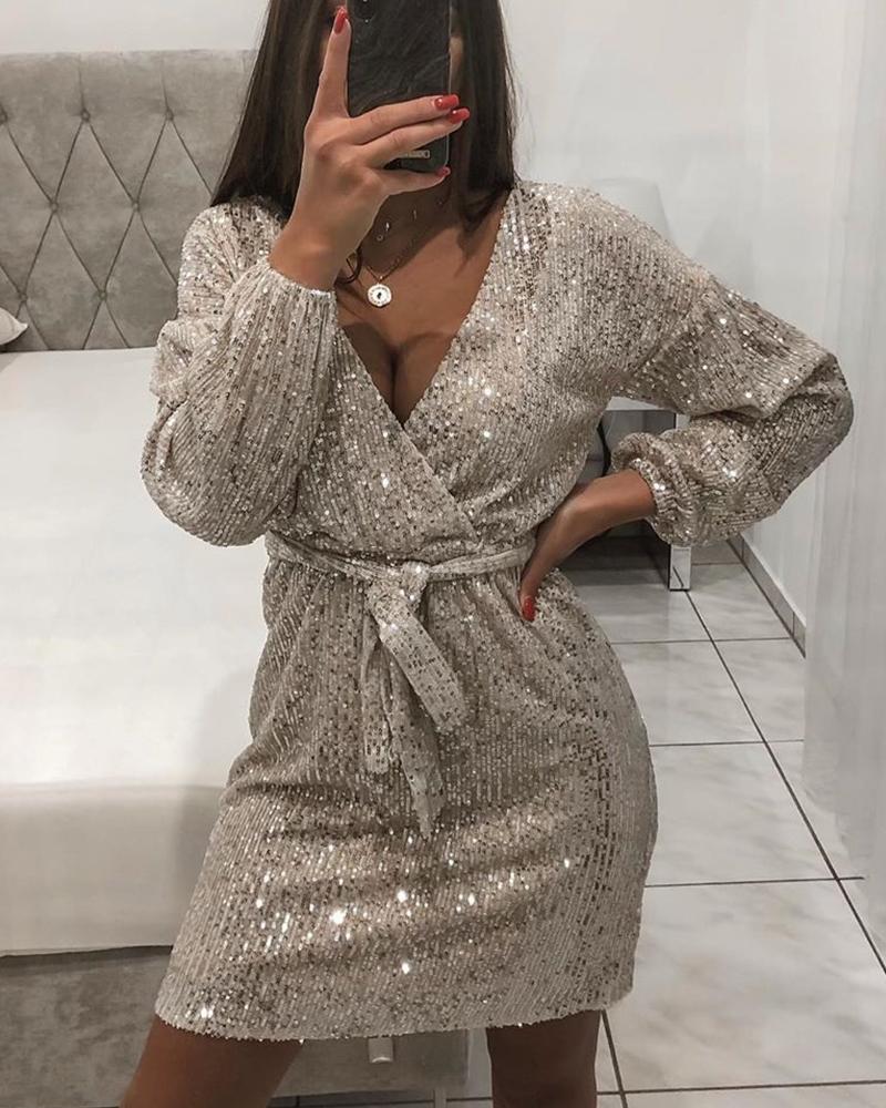 

Sequined V Neck Wrap Dress, Beige