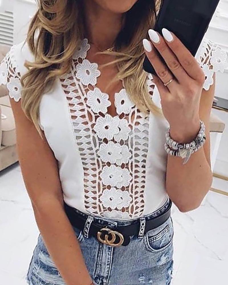 

Hollow Out Lace Insert Casual Blouse, White