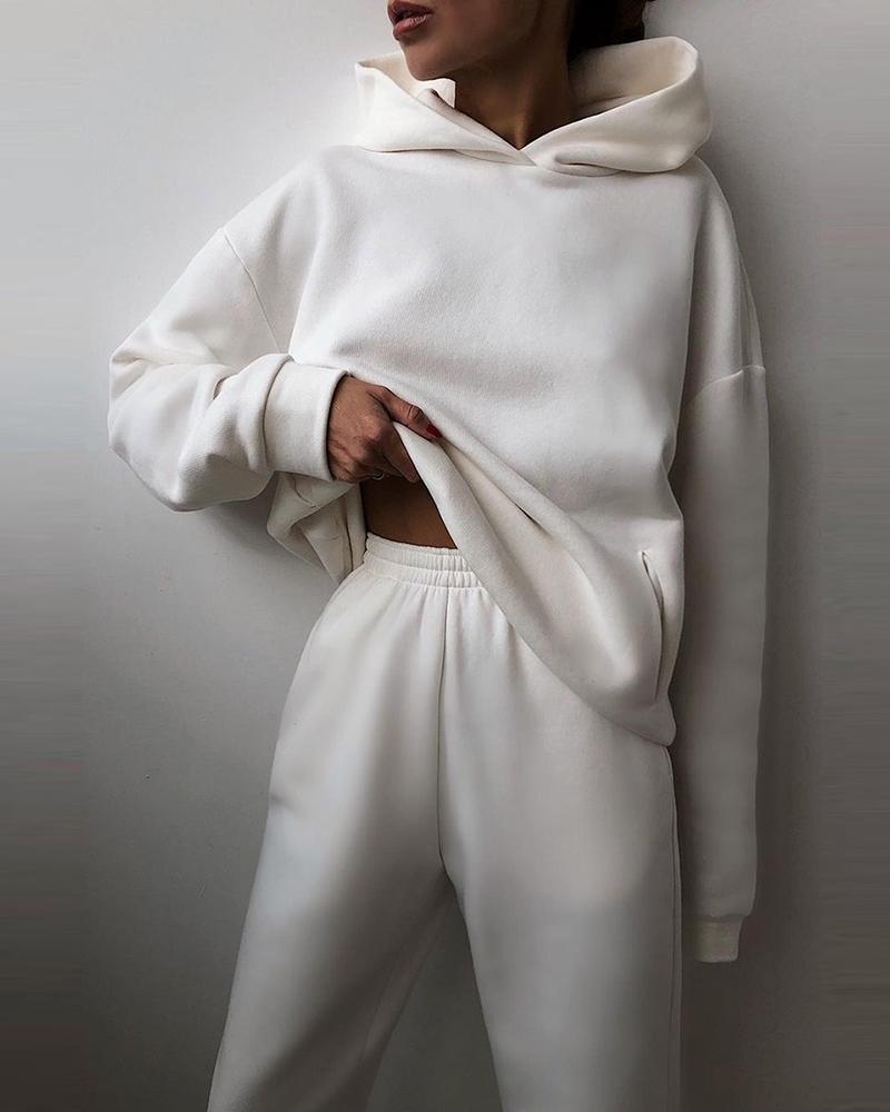 

Long Sleeve Hooded Top & Pocket Design Pants Set, White