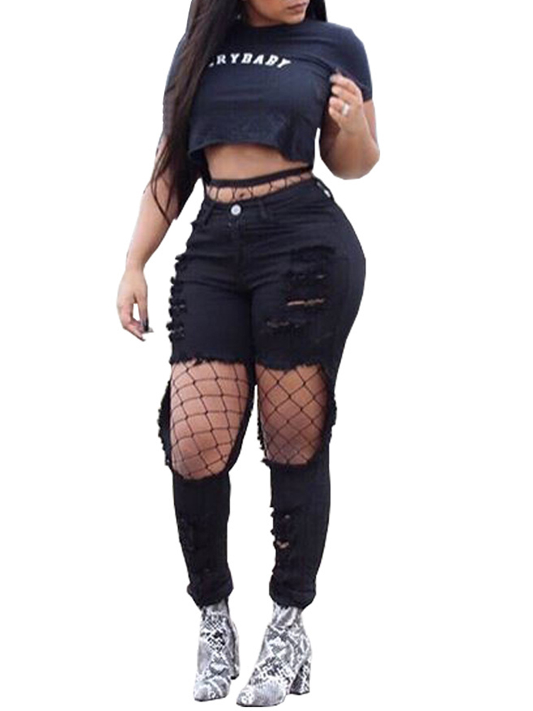 

Fashion Cut Out Ripped Frayed Denim Jeans, Black