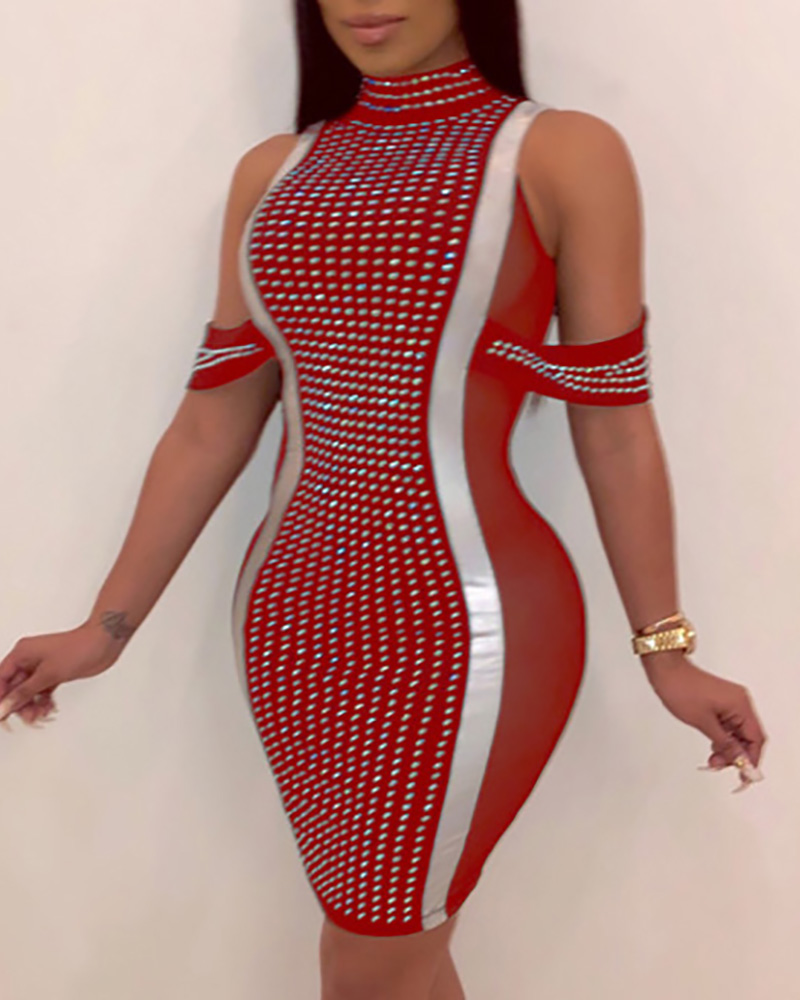

Hot drilling Mesh splice Bodycon Dress, Red