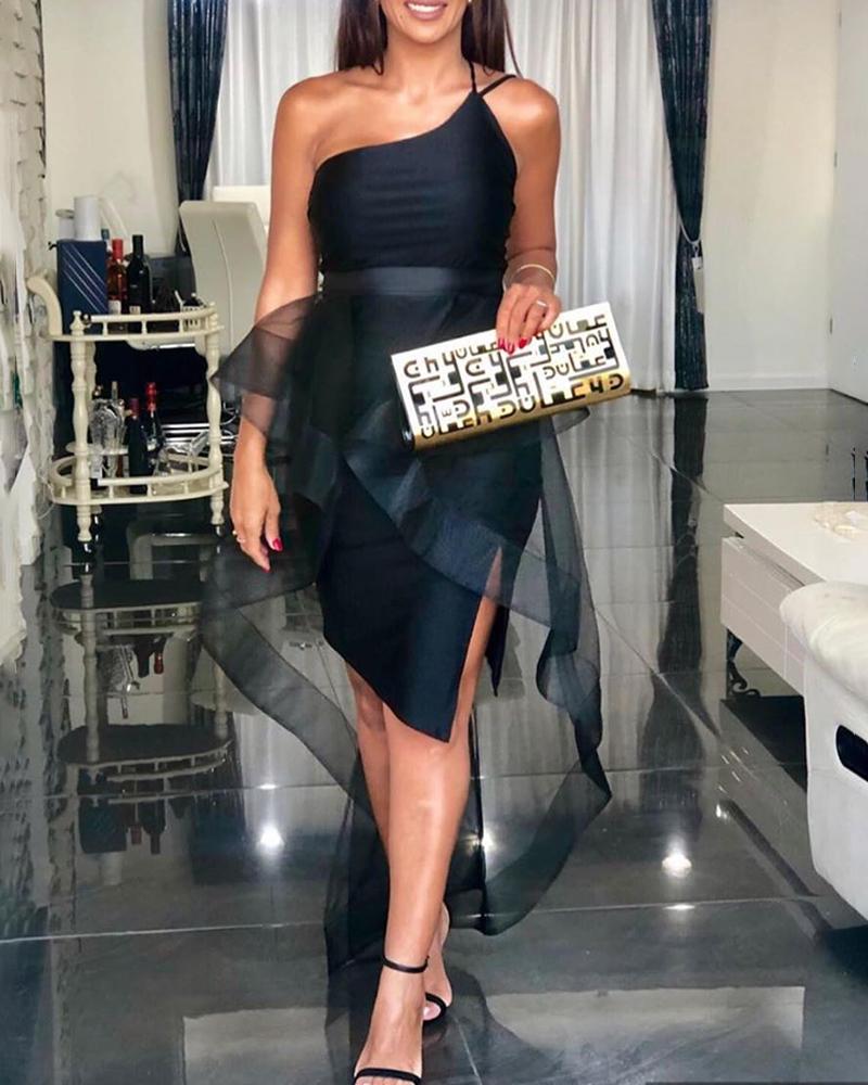 

One Shoulder Dip Hem Mesh Dress, Black