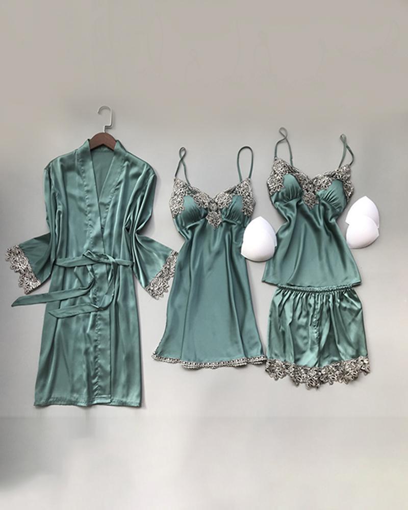 

Splicing Lace Trim Satin 4PCS Sleepwear Set, Green