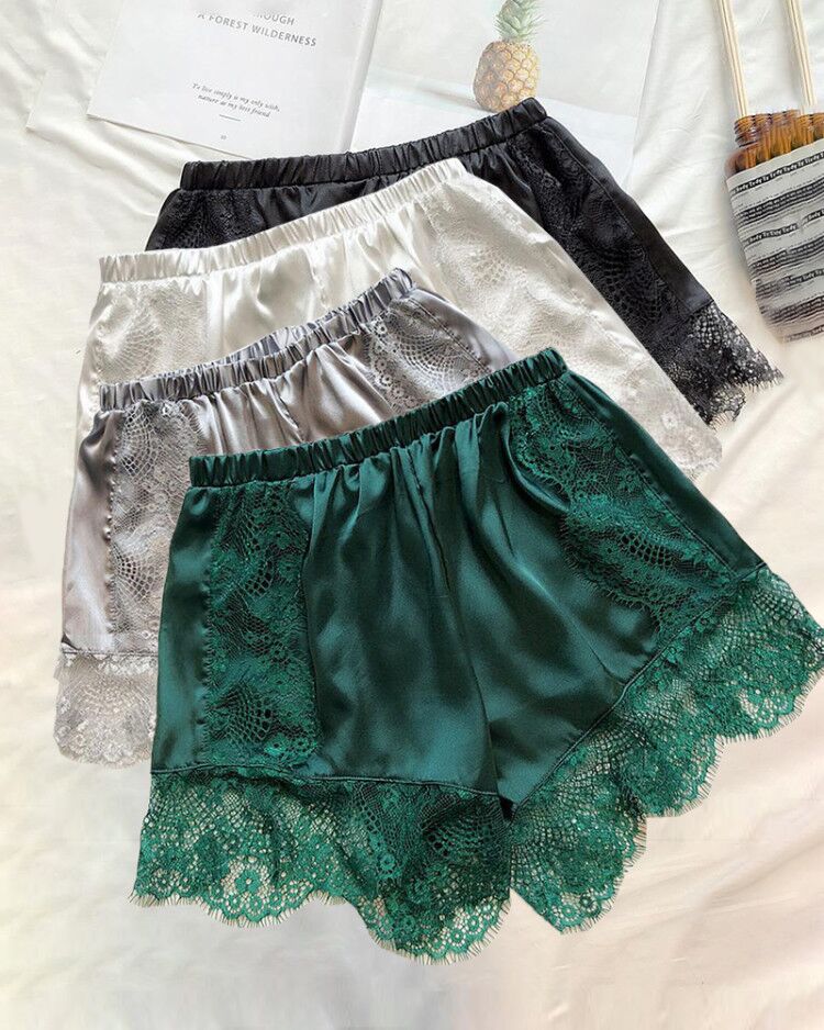 

Lace Trim Satin Homewear Shorts, Green
