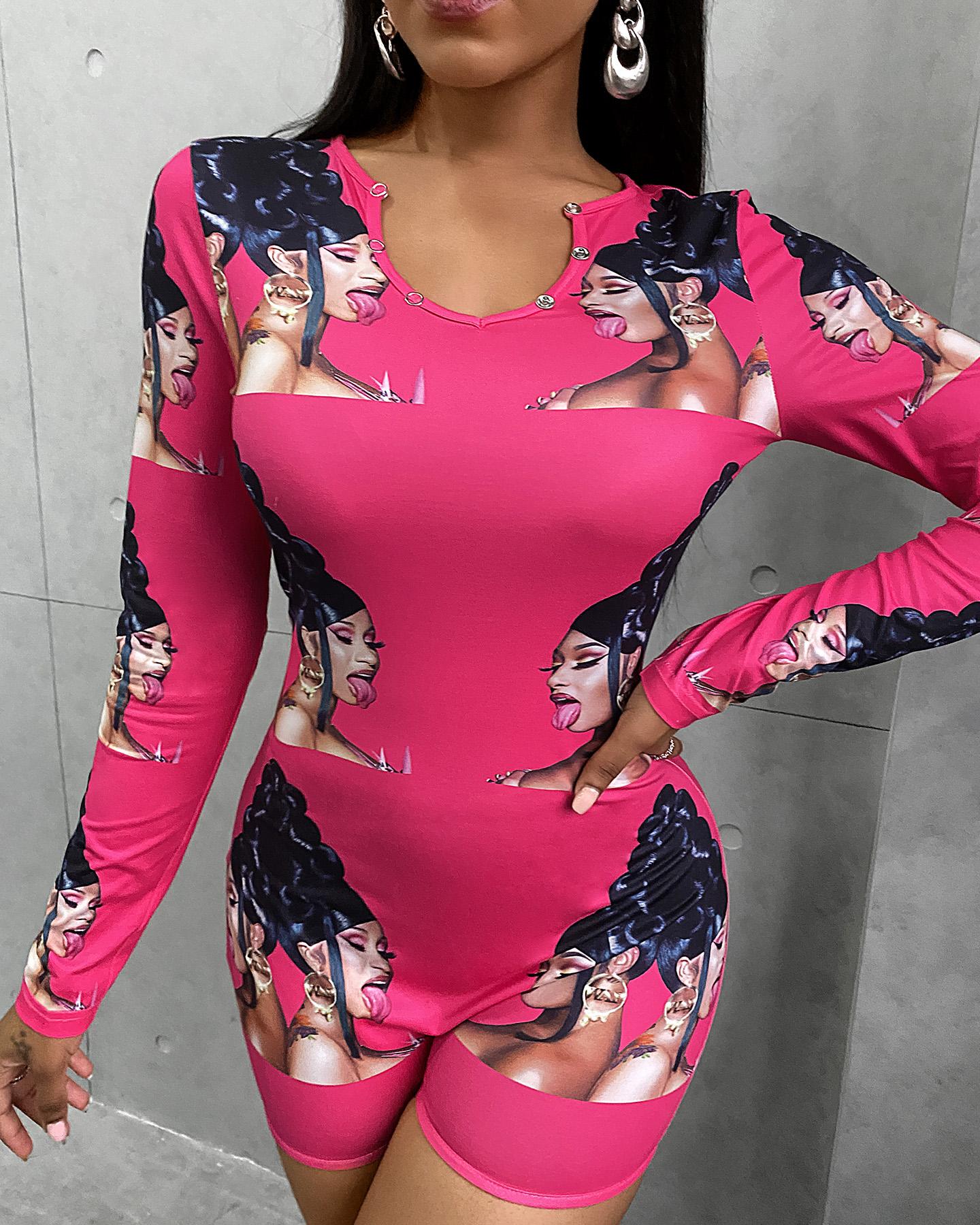 

Figure Print Long Sleeve Romper, Hot pink