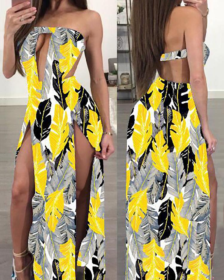 

Leaf Print Strapless Cut Out  Slit Maxi Dress, Red