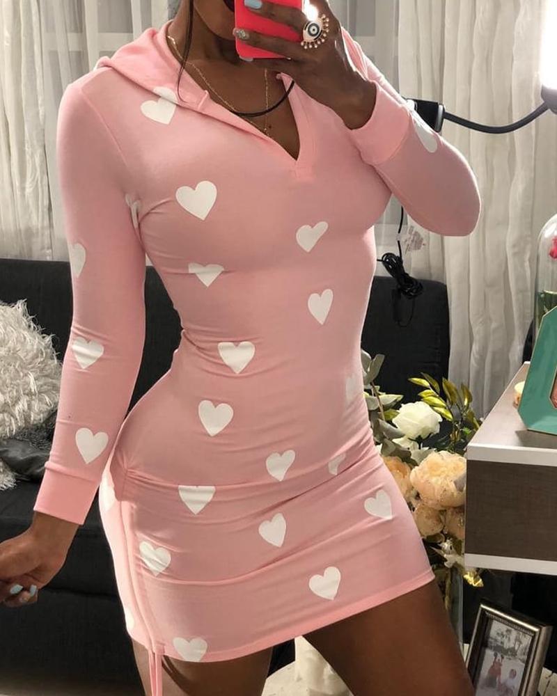 

Heart Print Drawstring Hooded Bodycon Dress, Pink