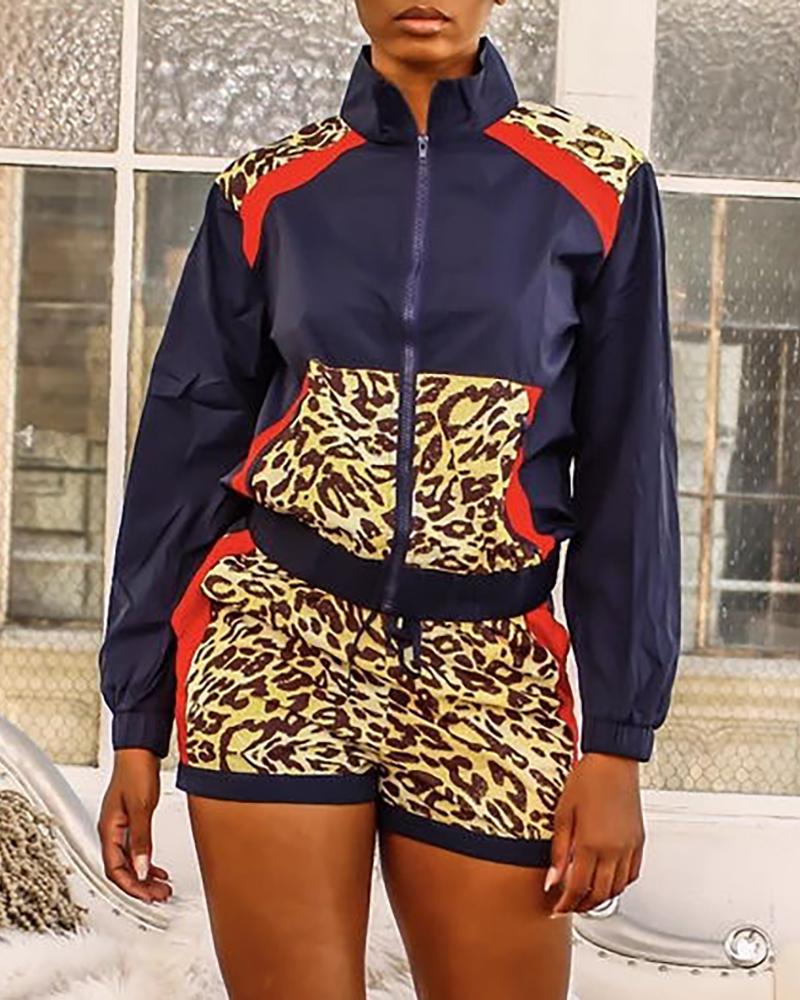 

Colorblock Leopard Print Zipper Sporty Top & Shorts Sets, Dark blue