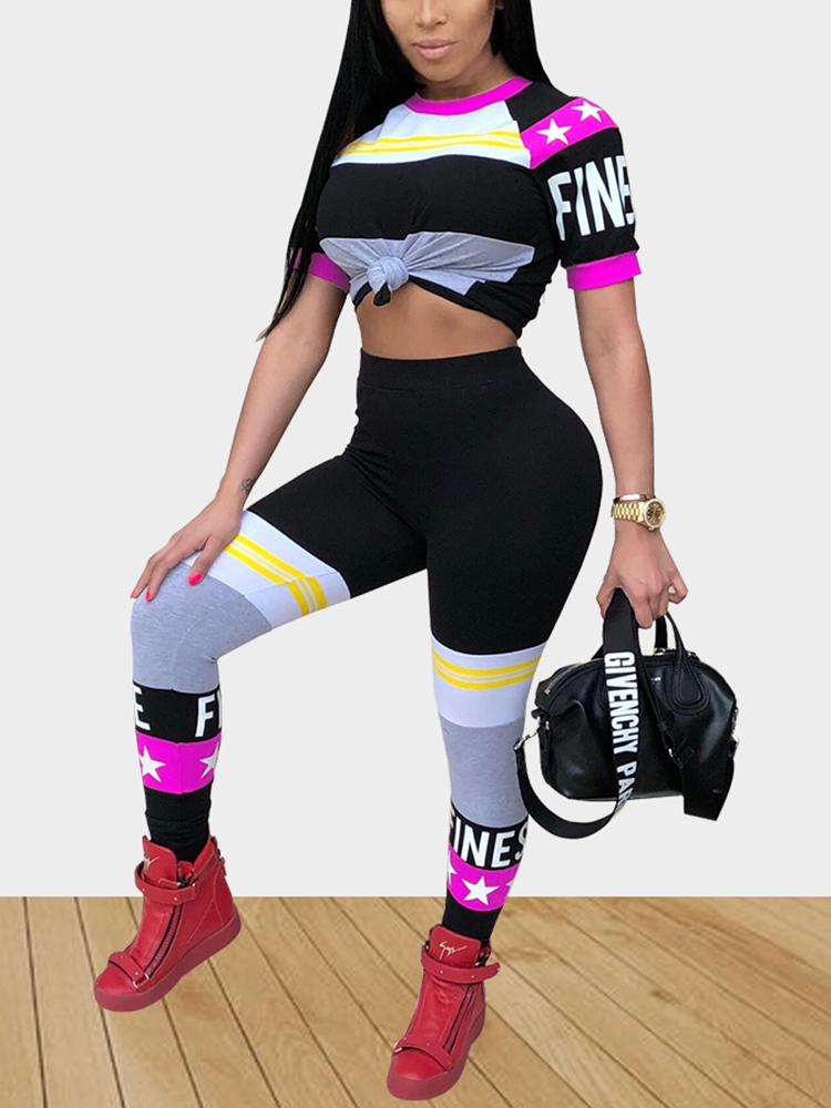 

Color Block Star Pattern Finesse Pants Set, Hot pink