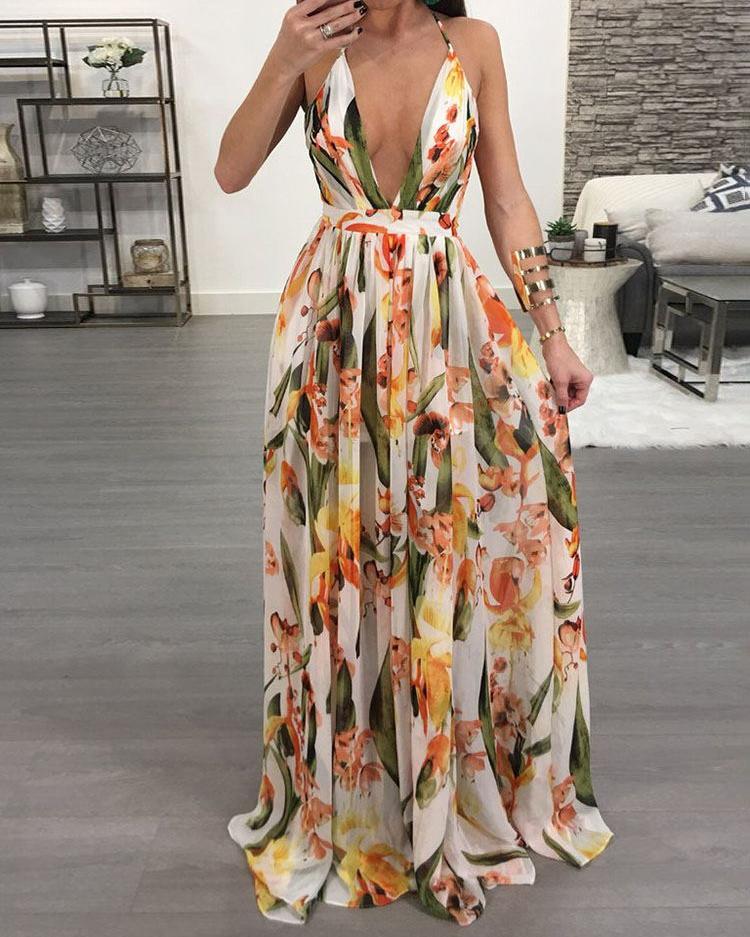 

Floral Deep V Neck Backless Maxi Dress, Yellow