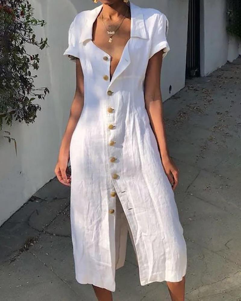

Short Sleeve Button Up Casual Shirt Dress, White