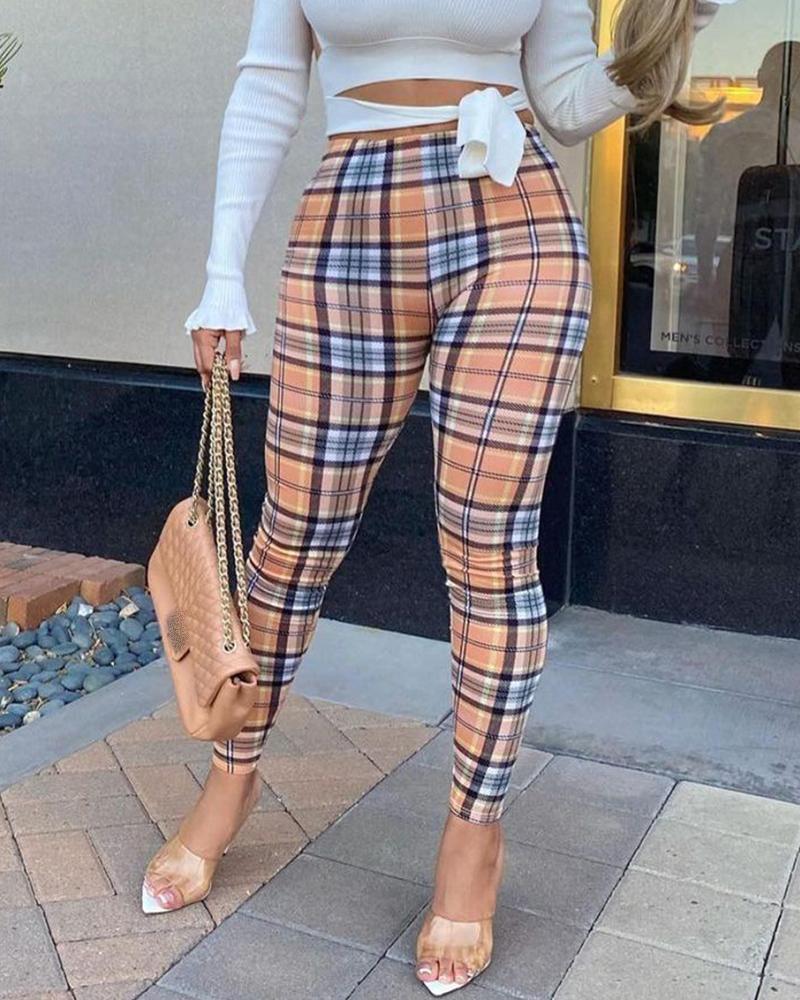 

Plaid Colorblock High Waist Skinny Pants, Khaki