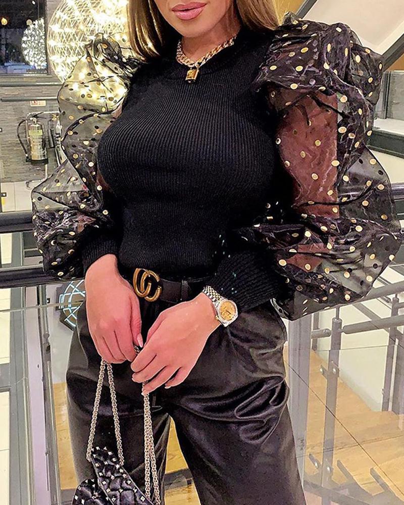 

Gold Polka Dot Mesh Sleeve Top, Black