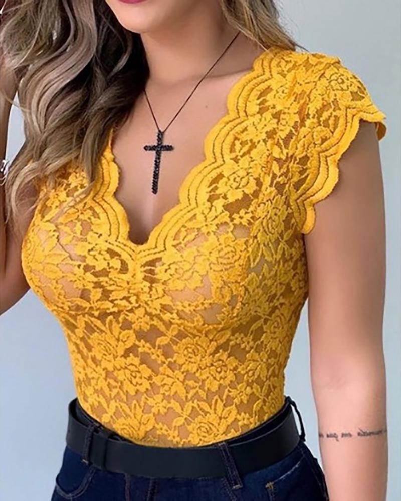 

Sheer Mesh Lace Sleeveless Bodysuit, Yellow
