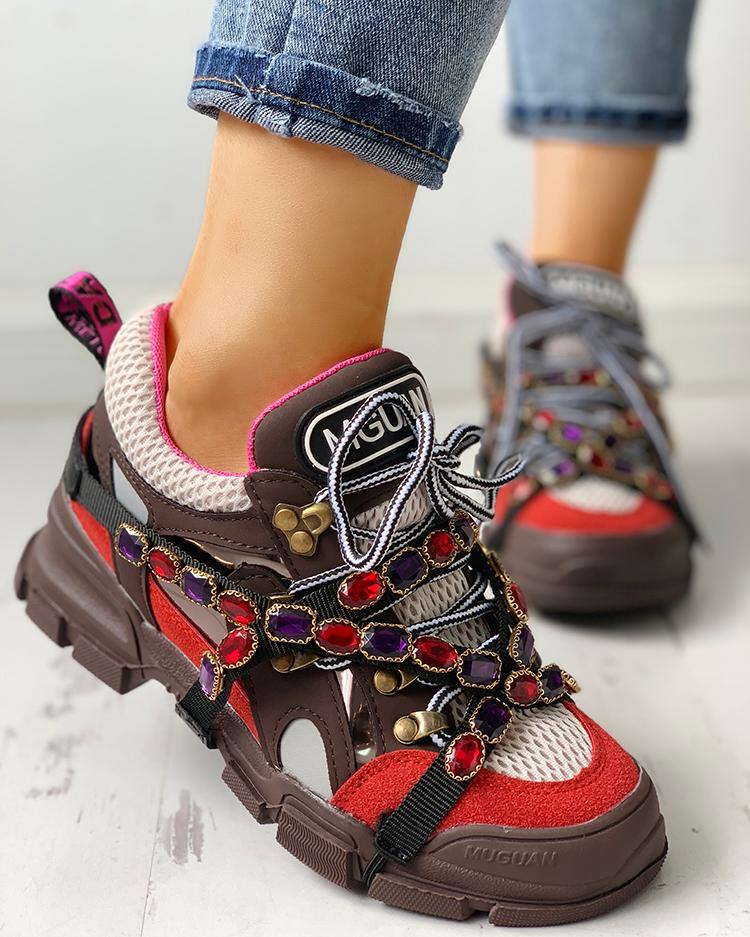 

Rhinestone Embellished Net-Surface Sneakers, Brown
