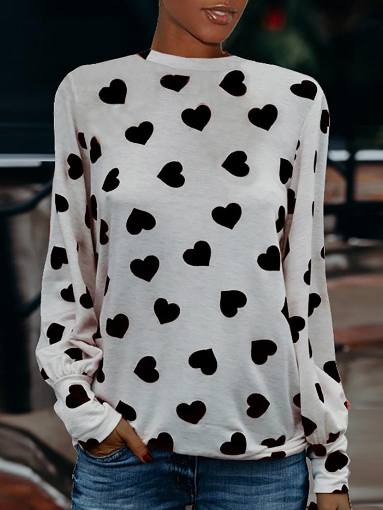 

Heart Shape Print Long Sleeve Loose T-shirt, Black