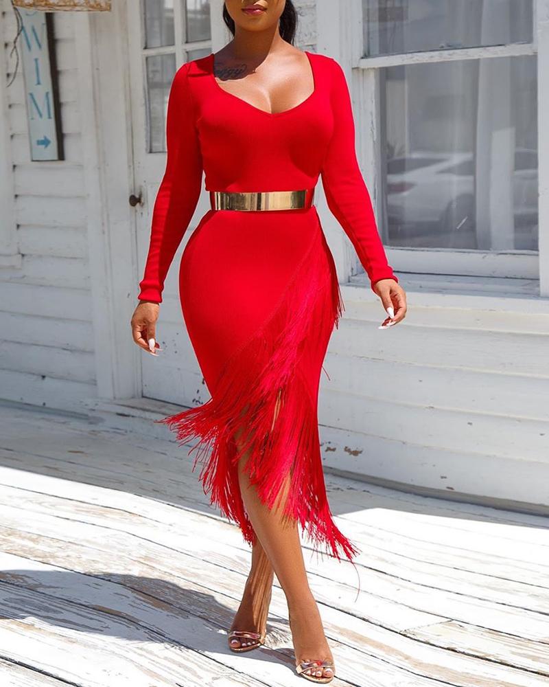 

Solid Long Sleeve Tassel Design Dress