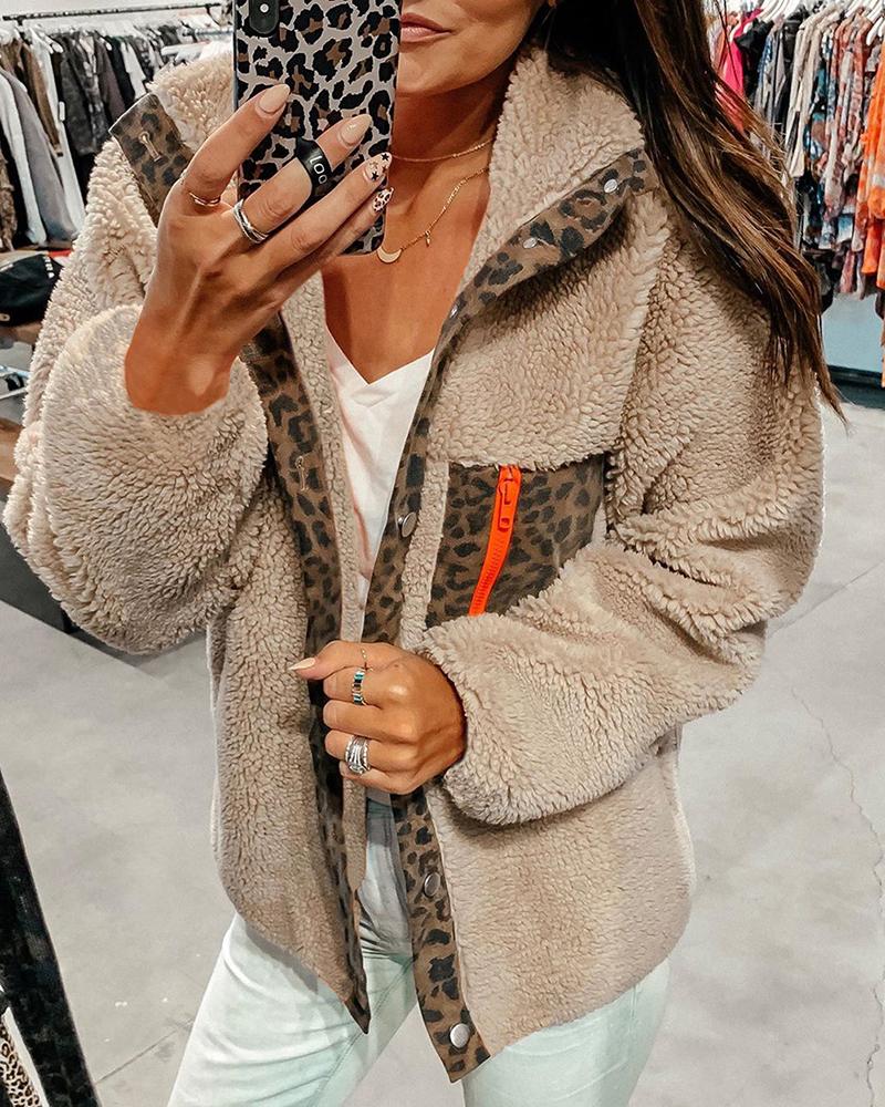 

Leopard Zipped Pocket Design Buttoned Fluffy Coat, Apricot