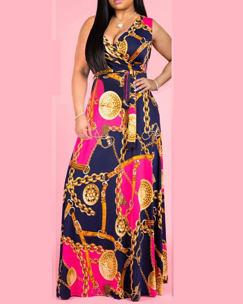 

V Neck Chain Printed Belted Maxi Dress, Red