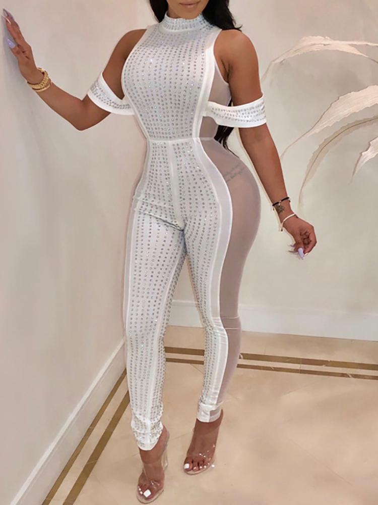 

Hot Stamping Sheer Mesh Jumpsuit, White