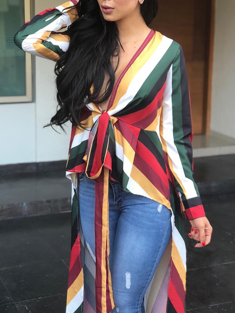 

Colorful Striped Tied Front Dip Hem Shirt, Multicolor