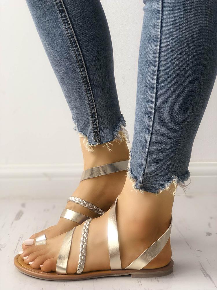 

Solid Toe Ring Braided Strappy Flat Sandals, Gold