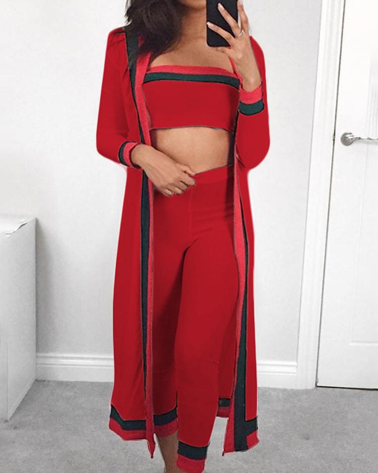 

3PCS Striped Tape Crop Top & Pants With Coat Sets, Red
