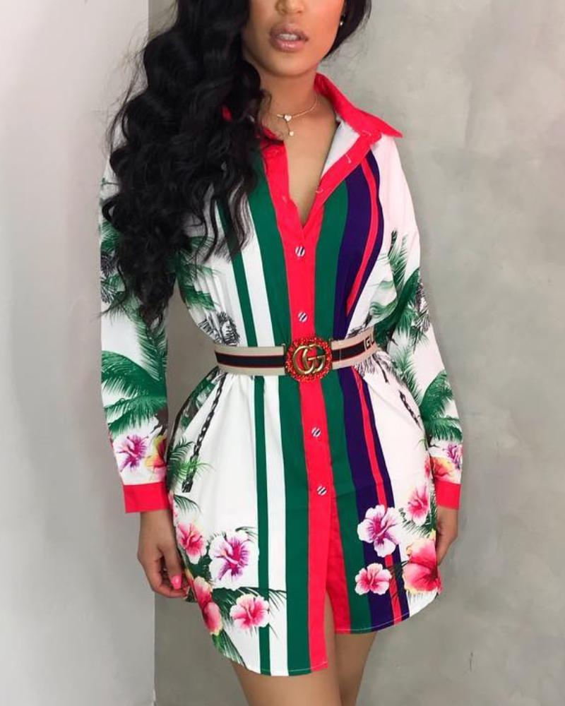 

Floral Print Long Sleeve Shirt Dress