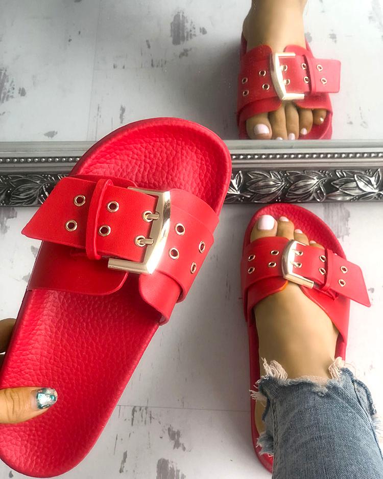 

Eyelet Buckled Design Single Strap Flat Sandals, Red