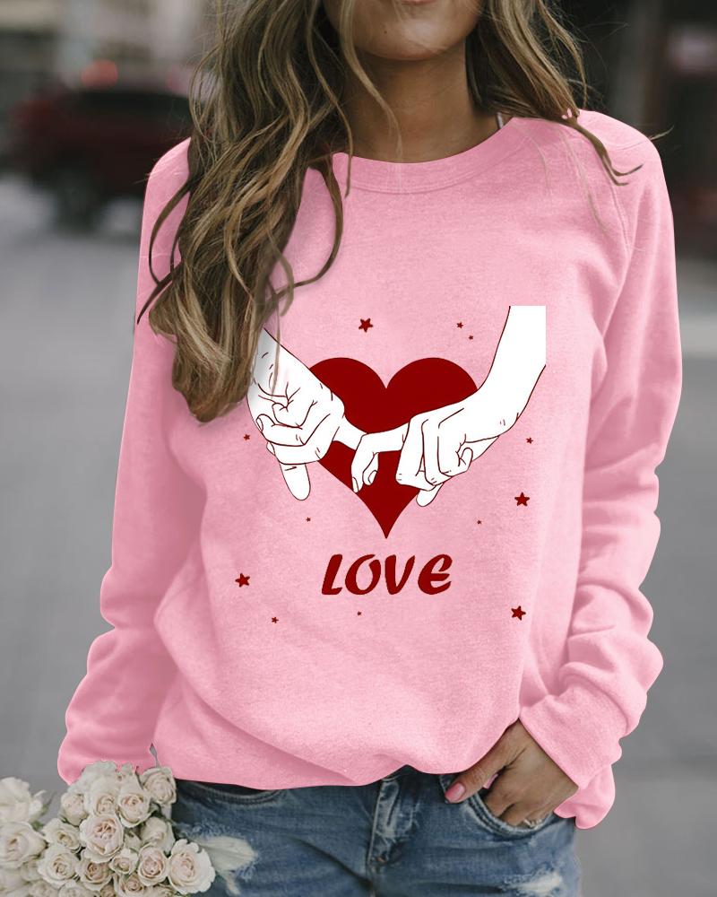 

Valentine' Day Heart Print Long Sleeve Top, Pink