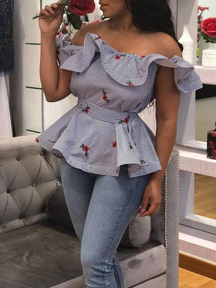 

Floral Striped Ruffles Peplum Bardot Blouse
