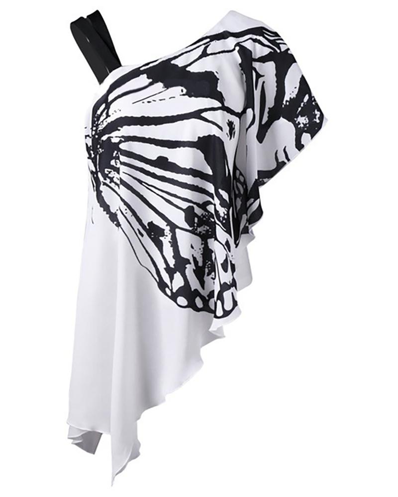 

Butterfly Print One Shoulder Irregular Ruffles T-shirt, White